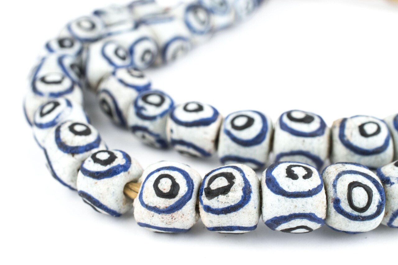 The Bead Chest Painted African Krobo Beads - Full Strand of Ghanaian Tribal Glass Beads for Necklace or Jewelry Making (White Eye)